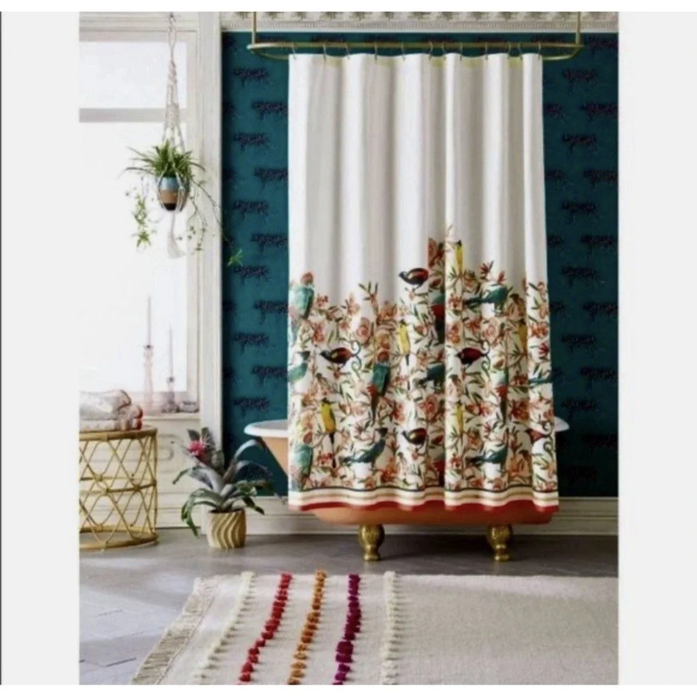 Opal House Floral Tropical Birds Cotton Shower Curtain 68